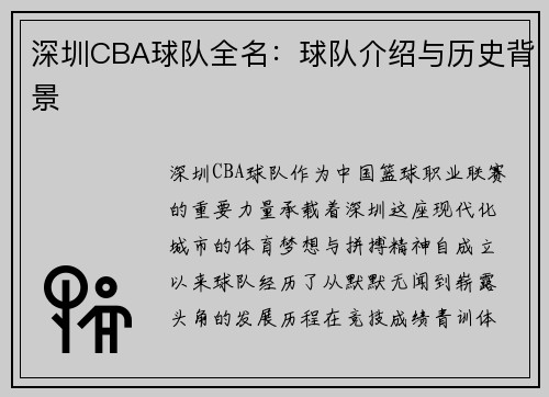 深圳CBA球队全名：球队介绍与历史背景